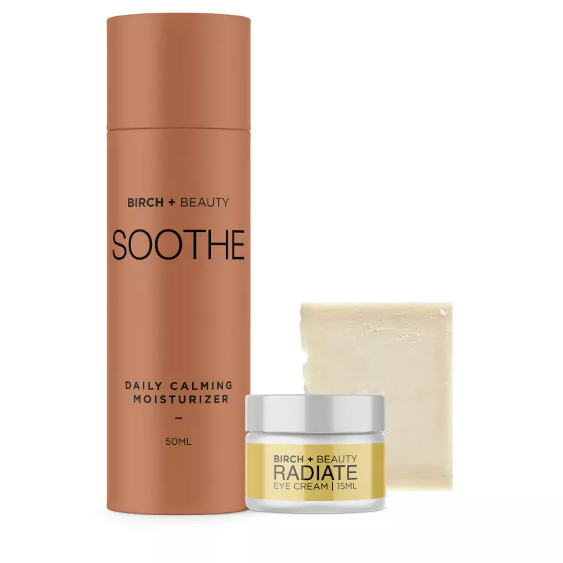 Birch + Beauty skincare duo: Soothe Moisturizer (50ML) and Radiate Eye Cream (15ML).